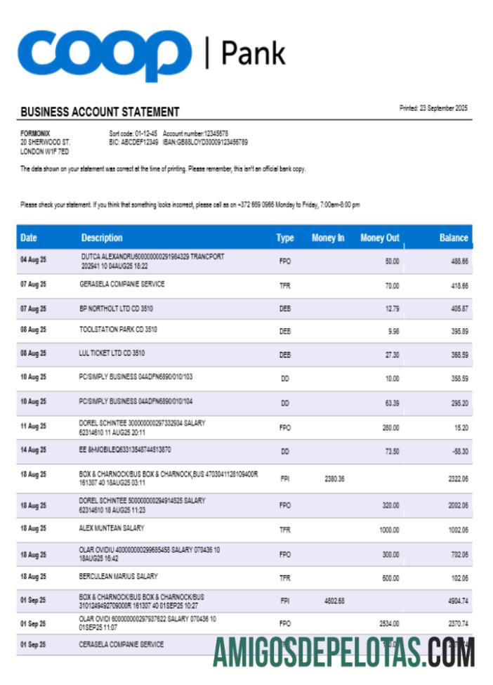 Baixável Coop Pank Company Verificação de extrato de conta modelo Word e PDF